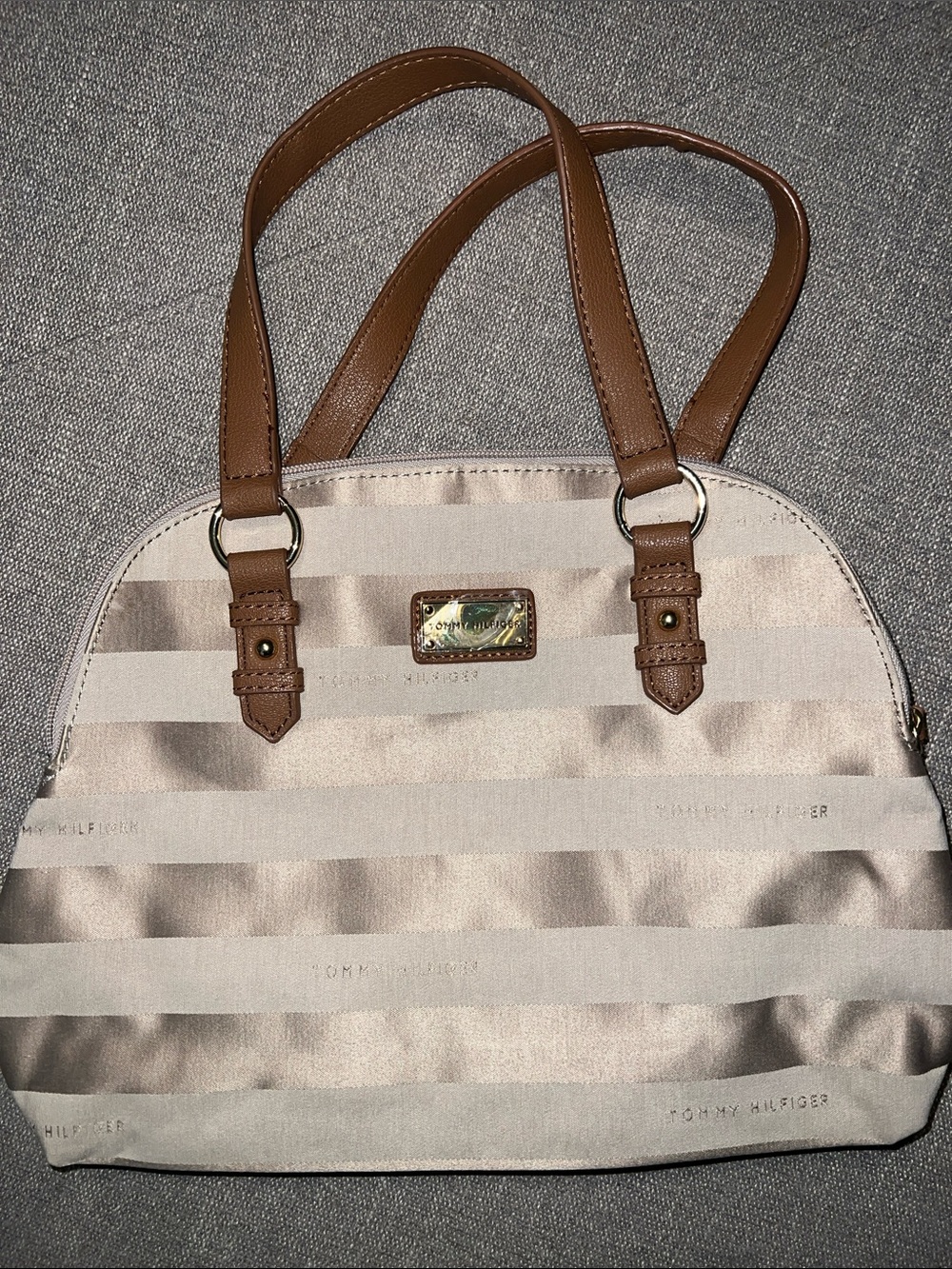 Tommy Hilfiger Cream and Brown Striped Dome Medium Satchel